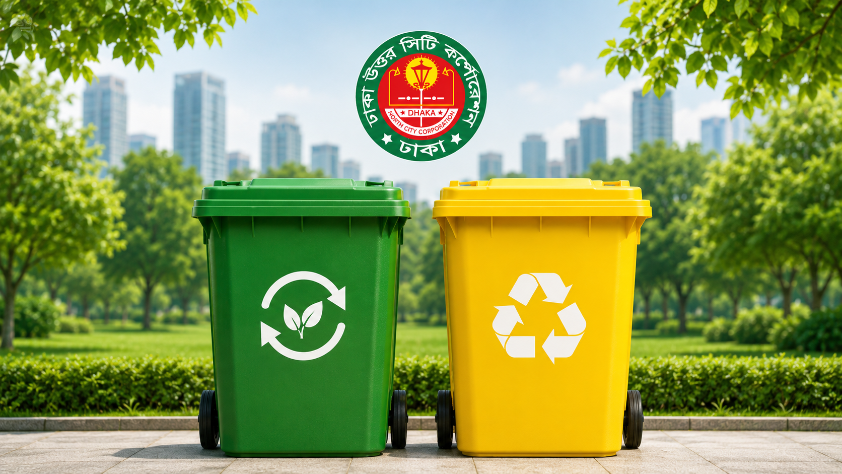 Green bins for organic waste, yellow for recyclables