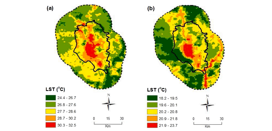 Day (a) and night (b) surface temperatures reveal the urban-rural divide. 