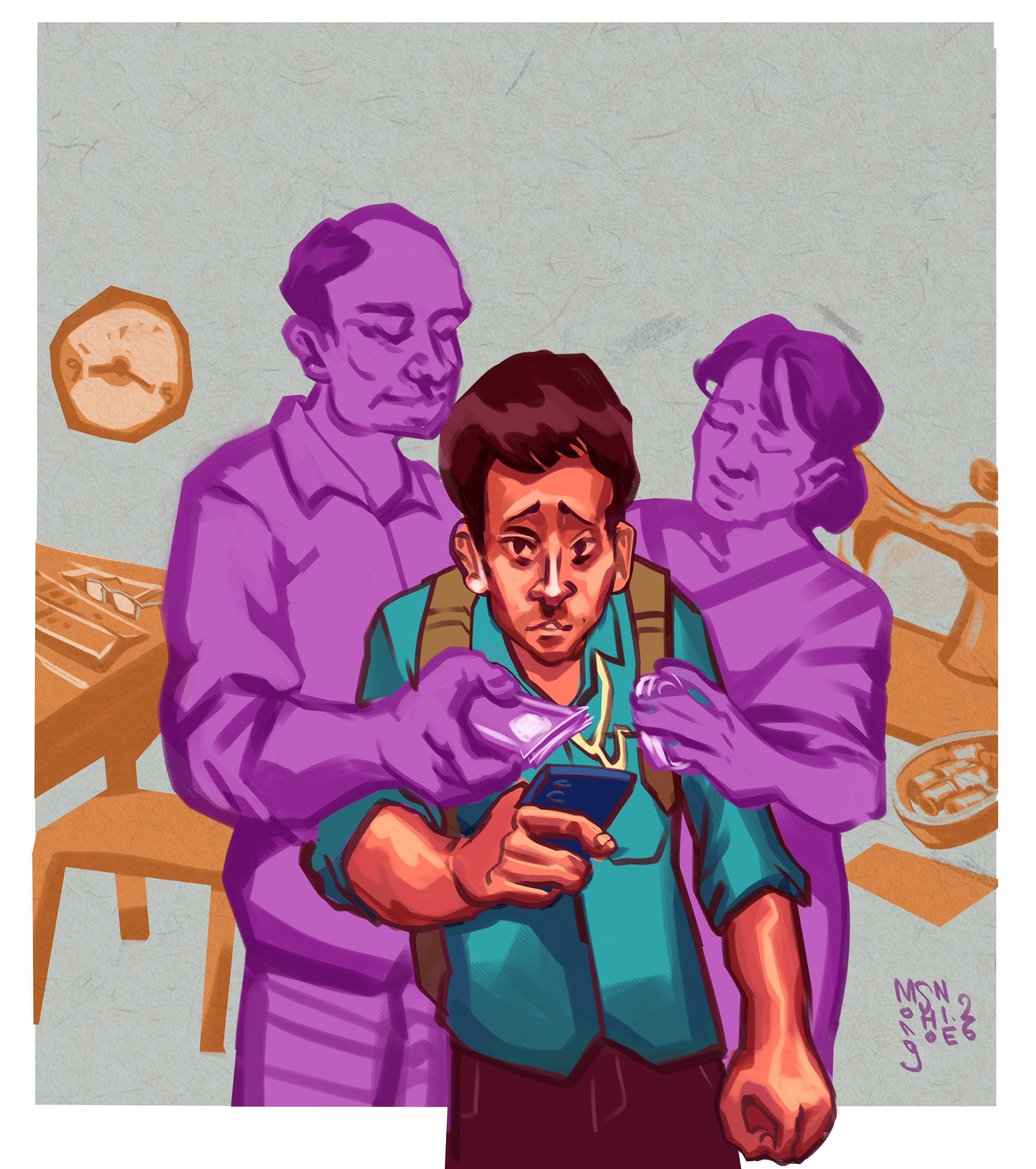 Graphic illustration of a student being handed money from their parents.  