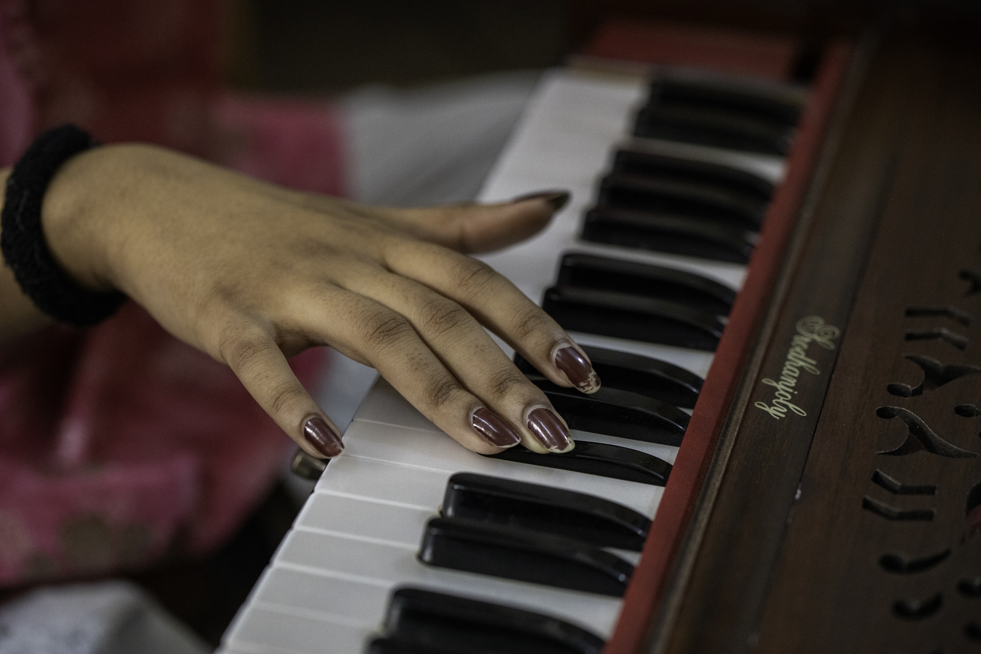 Musician playing harmonium. 