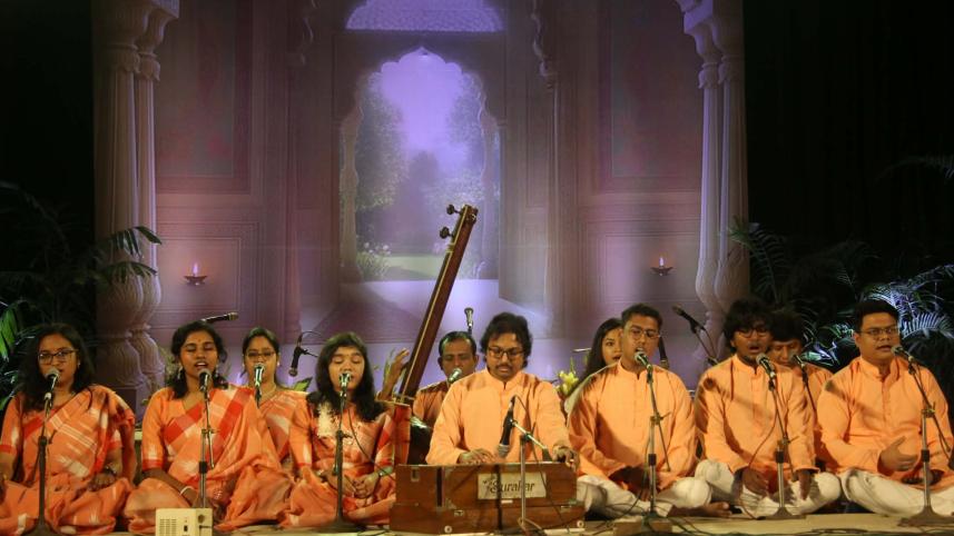 Artistes performing on stage at the Chhayanaut event, yesterday 