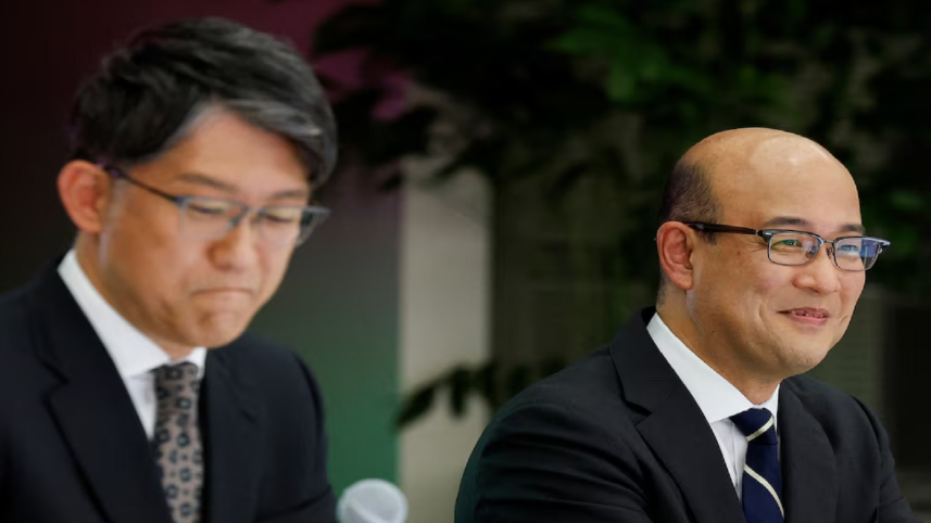 Toyota Motor’s outgoing Chief Executive Koji Sato and incoming CEO Kenta Kon attend a press conference in Tokyo, Japan February 6, 2026. REUTERSKim Kyung-Hoon.PNG