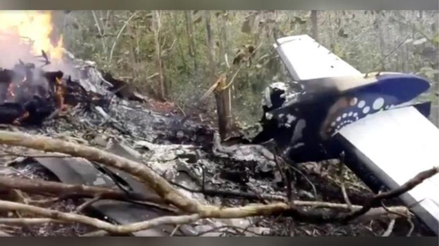 Wreckage in flames after a plane crash