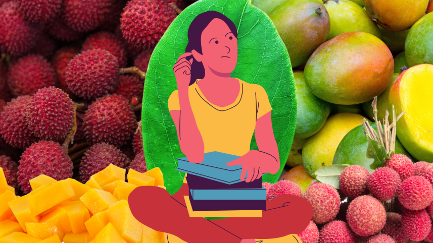 Illustration of girl thinking of mangoes and lychees