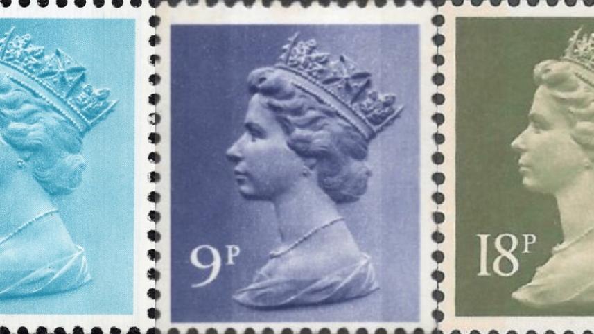 The Machin series stamps of Queen Elizabeth II of England in turquoise, steel blue, and deep grey green. Photo: Courtesy