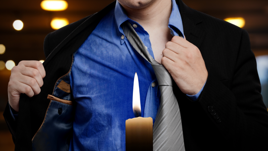 Man sweating on a candlelit dinner.