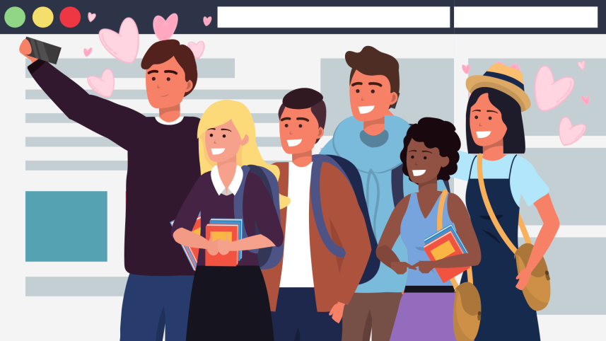 Illustration of people taking a selfie in front of a computer window with Facebook opened on it