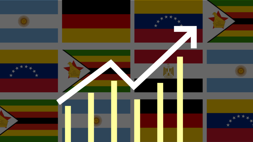 Flags of Germany, Zimbabwe, Venezuela, Argentina and Egypt indicating inflation