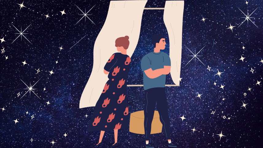 An illustration of a couple facing away from each other with stars and constellations in the background