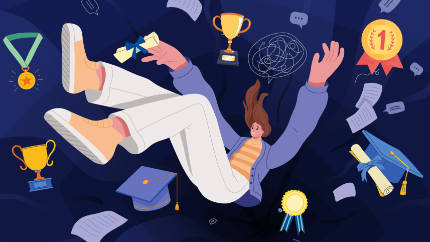Person falling along with degrees, trophy and medals