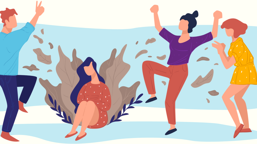 An illustration of an introvert in a university club setting
