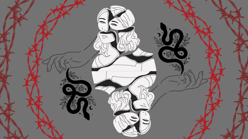 An illustration of a broken person holding up snakes to herself