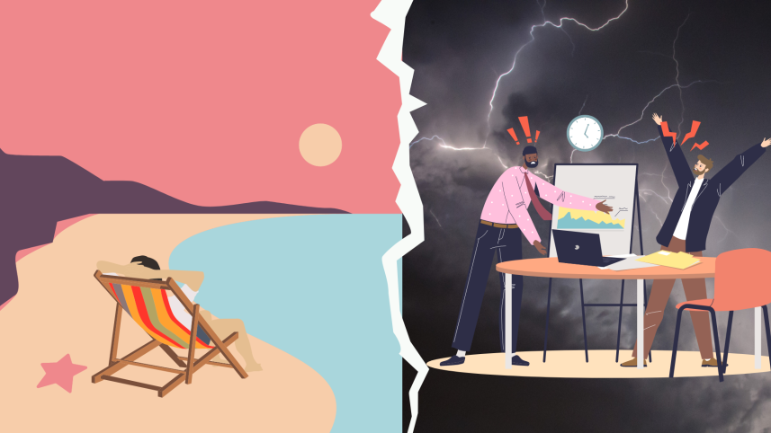 An illustration where one side shows a group arguing over work and a person relaxing on the beach on the other side