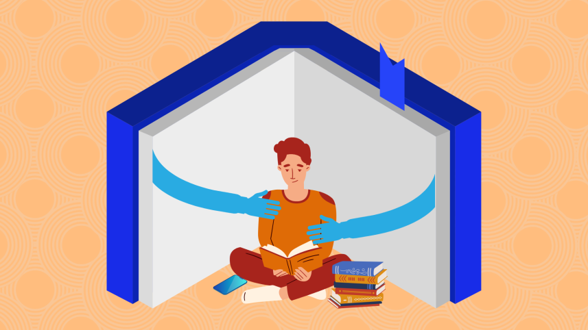 An illustration of a person indulged in a self-help book.