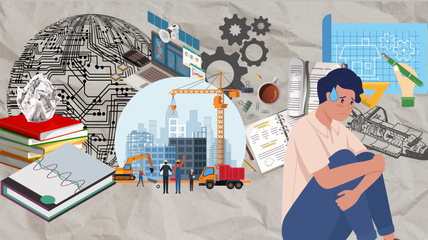 An illustration of a student looking worried about engineering