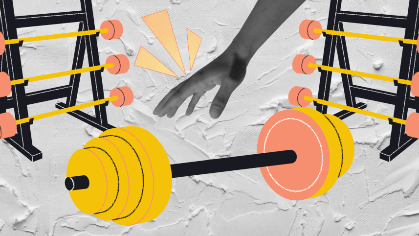 An illustration of a hand reaching for exercise equipment