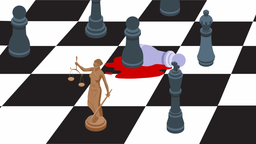 Chessboard with multiple chess pieces surrounding and isolating one, and lady justice serving as a chess piece with no impact,