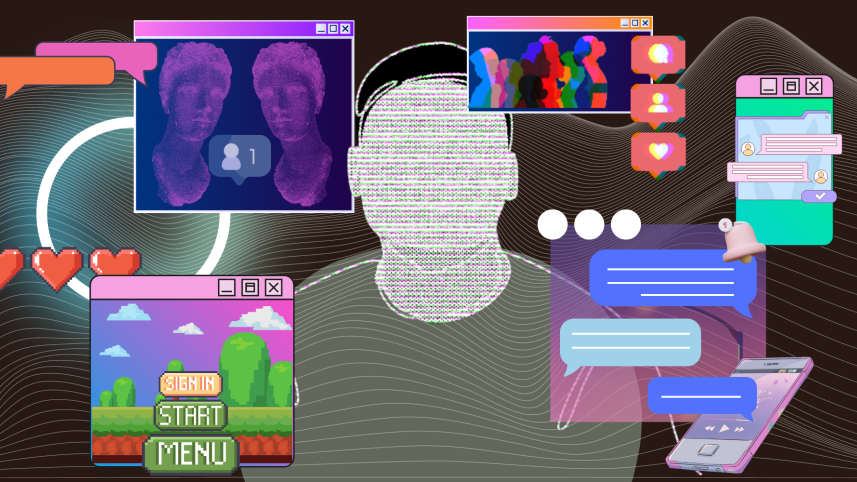 An illustration of a person surrounded by pop-up texts and webpages