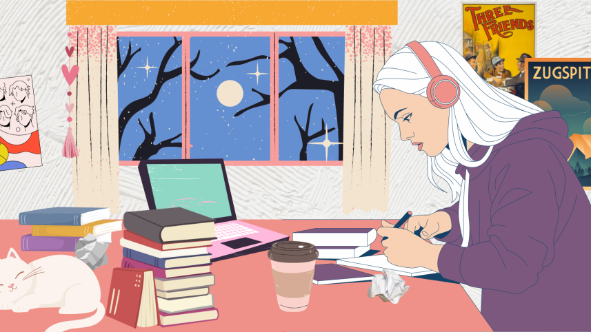 An illustration of a girl studying by a window.