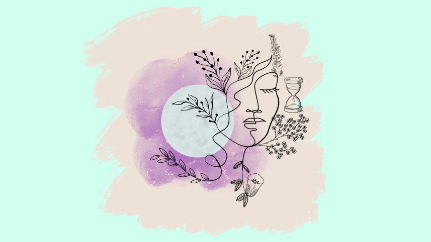 Abstract line art of woman with an hourglass and foliage