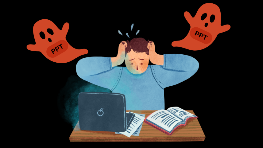 An illustration of a boy being haunted by PowerPoint ghosts.
