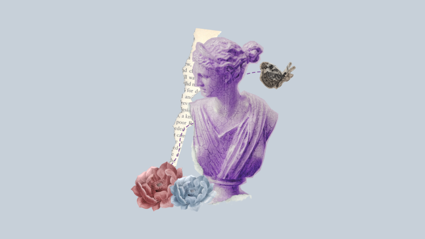 Collage of a sculpture, flowers and butterfly