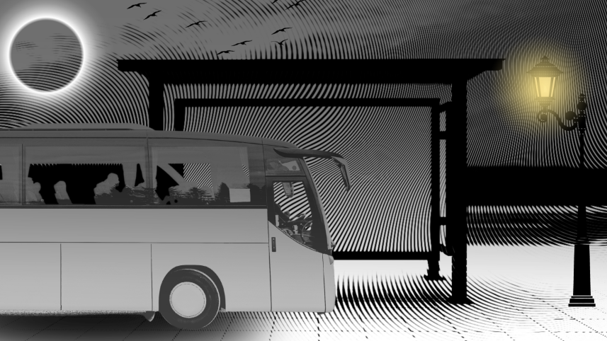 A bus at a station in a whimsical atmosphere