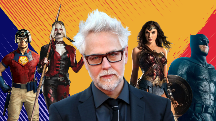 Collage of DC Universe characters and James Gunn