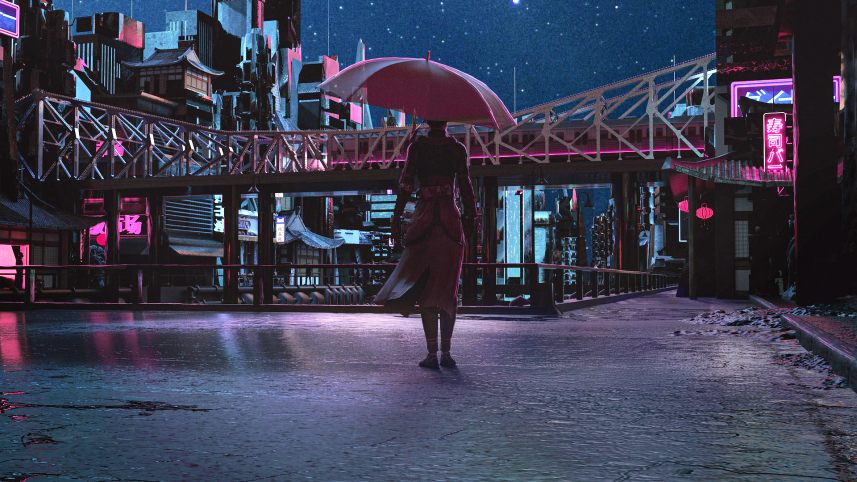 Sci-fi character looking at a dystopian cityscape.