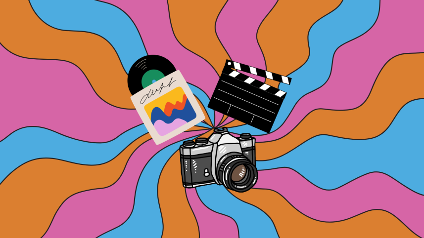 A lilm camera, vinyl, and a clapperboard against a psychedelic backdrop. 