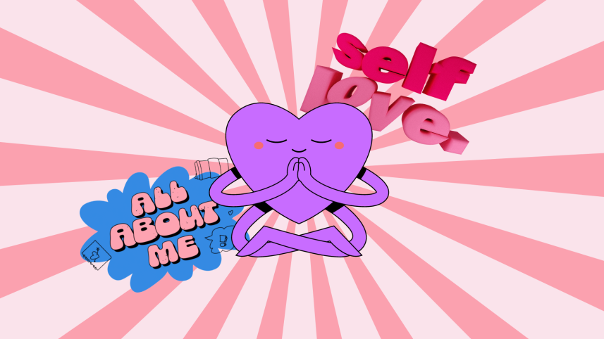 Elements of self-care and a heart shaped character against a bright sunburst background. 