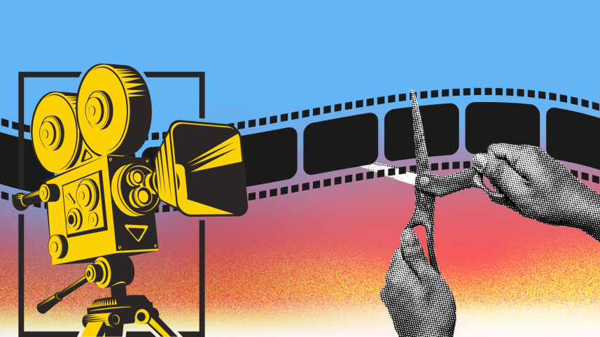 Collage of a person cutting a film reel. 