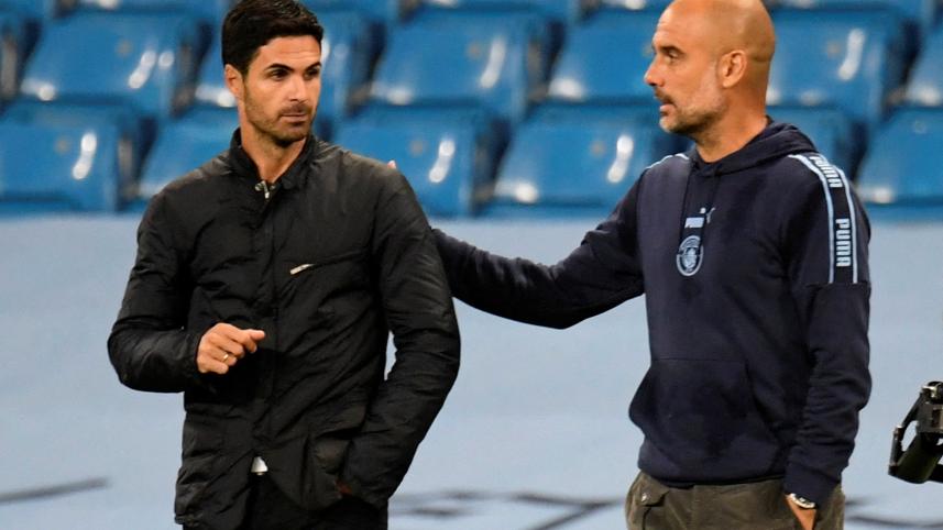 Manchester City Manager Pep Guardiola and Arsenal Manager Mikel Arteta