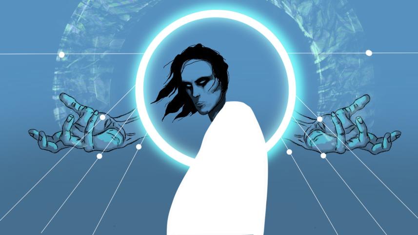 Hooded figure with ethereal elements in the background. 