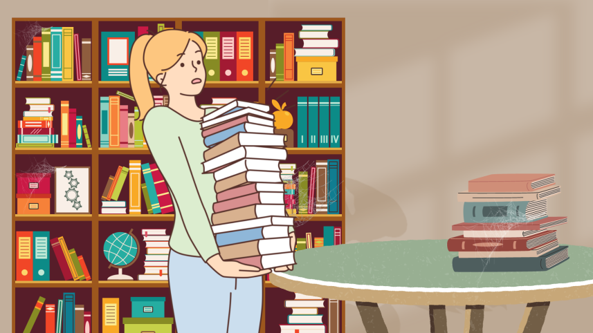 Illustration of a girl carrying a stack of books. 