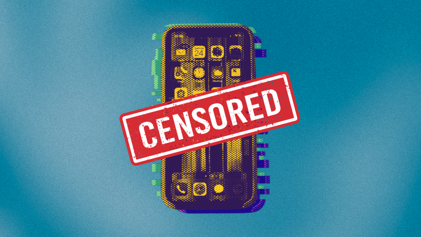 Distorted phone with a censored logo superimposed on top of it.