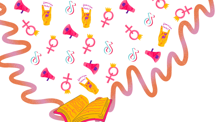 Icons representing pseudo-feminism being emanated from a book. 