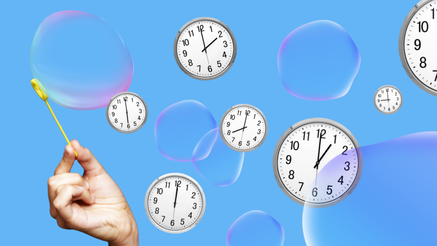 Bubbles and clocks hovering around.    