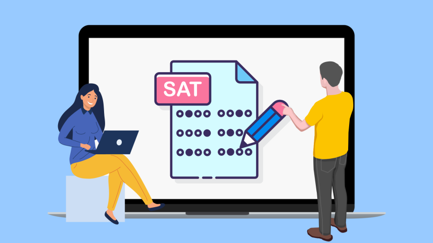 Vector illustration of two students interacting with a computer. 