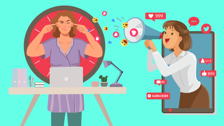 A person trying to avoid social media which appears to be very loud and obnoxious. 