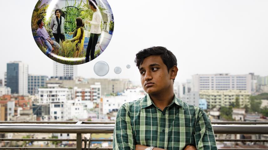A young boy thinking about how his friends might be hanging out without him represented through a thought bubble. 