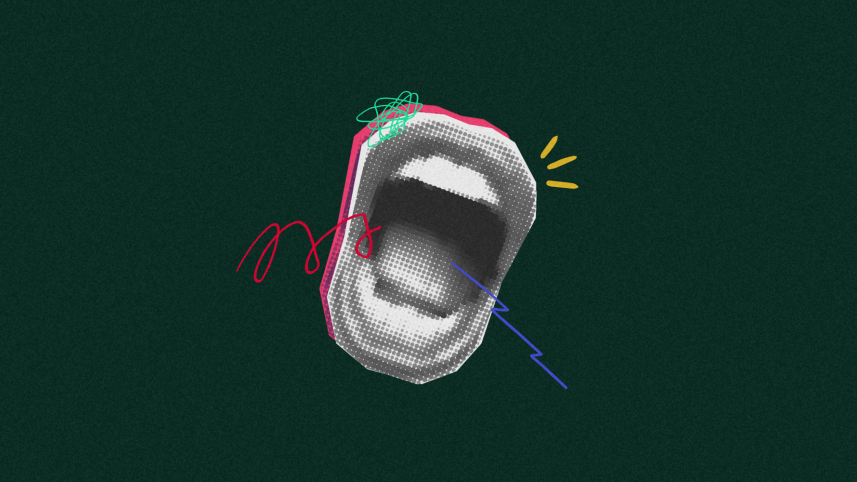 Collage of paper cutout mouth with scribbles around it.  