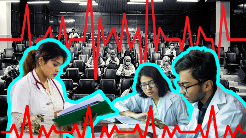 Collage of medical students studying. 