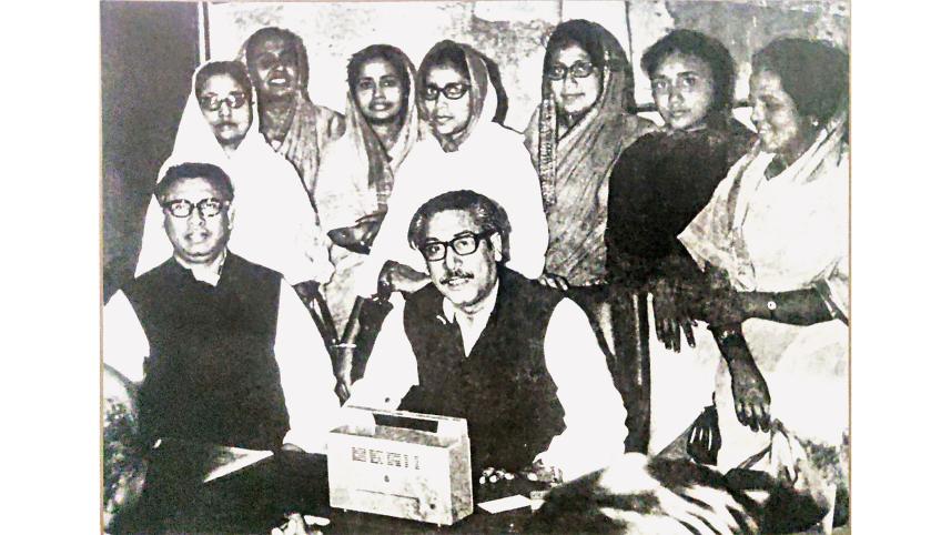 Bangabandhu Sheikh Mujibur Rahman with Tajuddin Ahmad and women leaders of Awami League listening to the 1970’s election results.