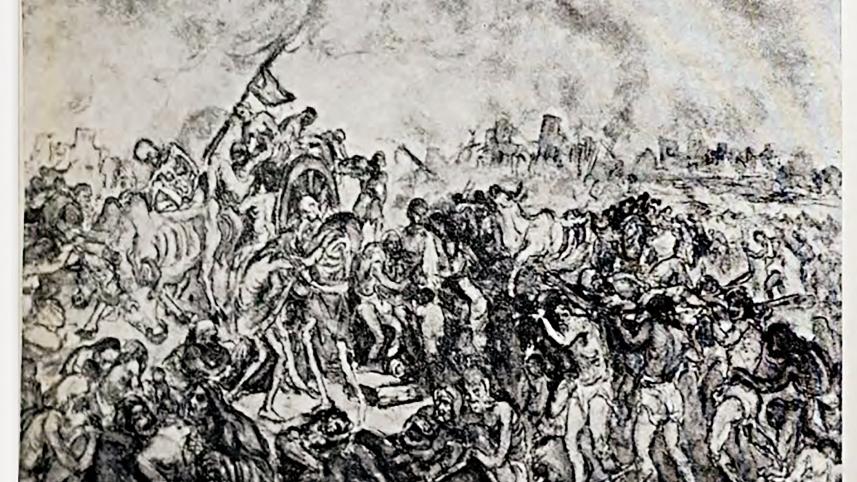 An early example of Sultan’s work. A macabre depiction of the Bengal famine, painted in 1944.