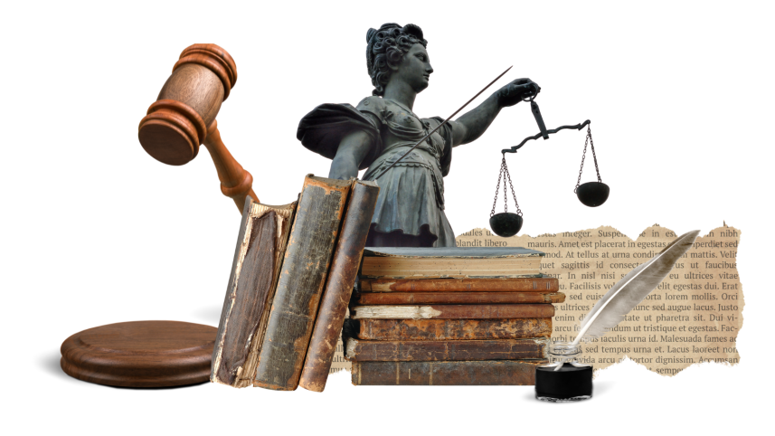 Collage elements representing the study of law. 