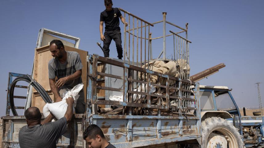 Palestinian residents of the West Bank leave following threats from Israeli settlers since the Gaza war on November 1, 2023. 