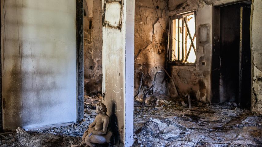 A house burnt following the Hamas attack in Kissufim, captured on October 21, 2023.