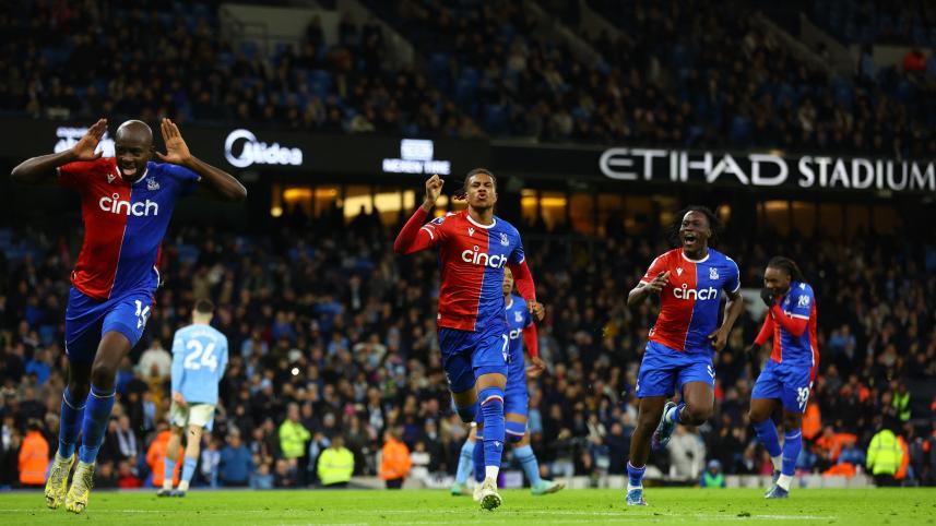 Crystal Palace's Michael Olise celebrates scoring their second goal with Jean-Philippe Mateta and David Ozoh