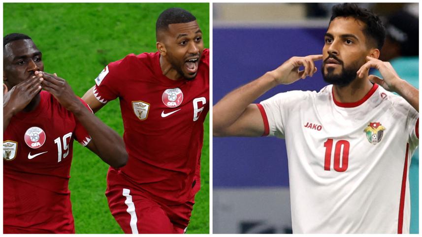 Qatar's forward Almoez Ali (L) celebrates scoring his team's third goal during the Qatar 2023 AFC Asian Cup semi-final against Iran at the Al-Thumama Stadium in Doha on February 7, 2024. Jordan's Mousa Tamari (R) celebrates scoring their second goal again